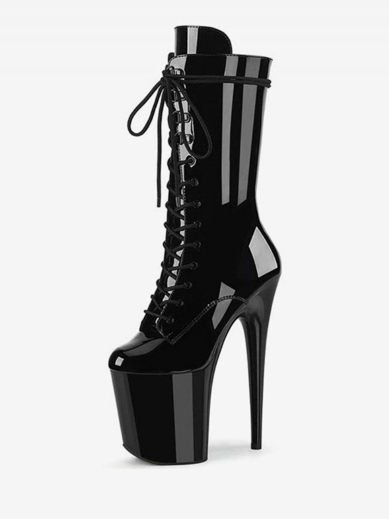 Pole Tanzschuhe Damen Sexy Schnürstiefel Mit Himmelhohem Exotischem Absatz Und Mittelhohem Schaft Aus Schwarzem Lackleder