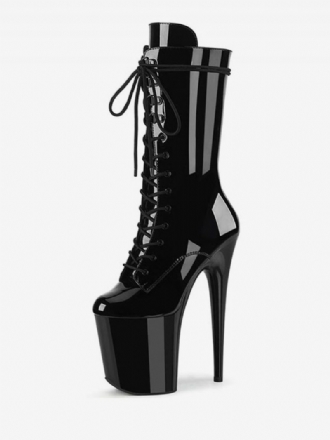 Pole Tanzschuhe Damen Sexy Schnürstiefel Mit Himmelhohem Exotischem Absatz Und Mittelhohem Schaft Aus Schwarzem Lackleder