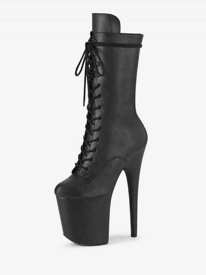 Pole Tanzschuhe Damen Sexy Schnürstiefel Mit Himmelhohem Exotischem Absatz Und Mittelhohem Schaft Aus Schwarzem Lackleder - Tiefgrau