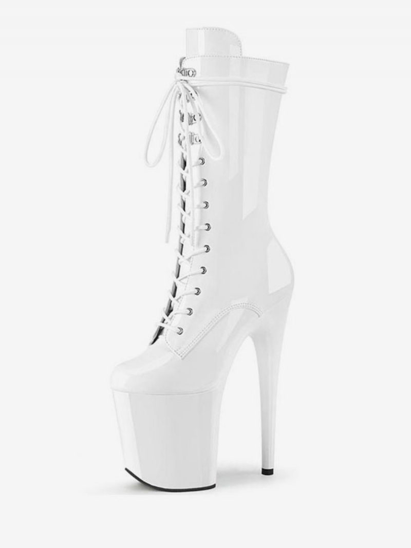 Pole Tanzschuhe Damen Sexy Schnürstiefel Mit Himmelhohem Exotischem Absatz Und Mittelhohem Schaft Aus Schwarzem Lackleder - Weiß