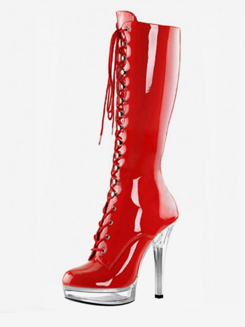 Pole Tanzschuhe Damen Sexy Schnürstiefel Mit Plateausohle Und Stiletto-absatz - Rot