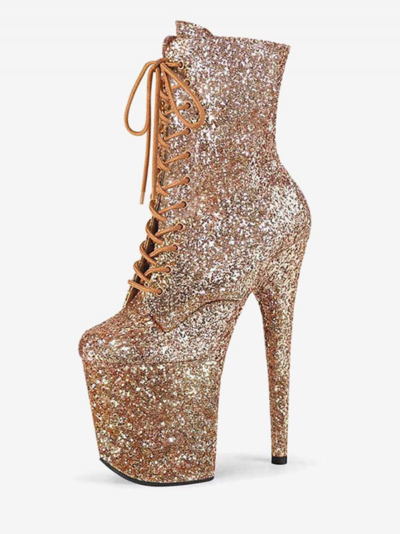 Pole Tanzschuhe Damen-stiefeletten Mit Glitzerndem Schnür-stiletto-absatz Und 10.2 cm Plateau - Gold