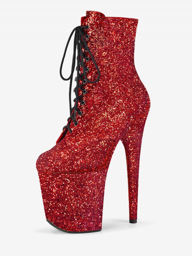 Pole Tanzschuhe Damen-stiefeletten Mit Glitzerndem Schnür-stiletto-absatz Und 10.2 cm Plateau - Rot