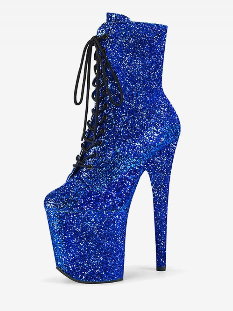 Pole Tanzschuhe Damen-stiefeletten Mit Glitzerndem Schnür-stiletto-absatz Und 10.2 cm Plateau - Blau