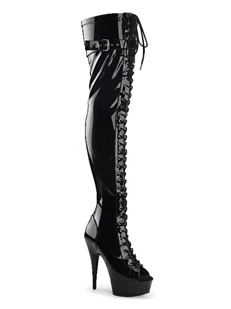 Pole Tanzschuhe Frauen Sexy Oberschenkel Hohe Stiefel Schnalle Stiletto Absatz Schnürung Schwarz - Schwarz