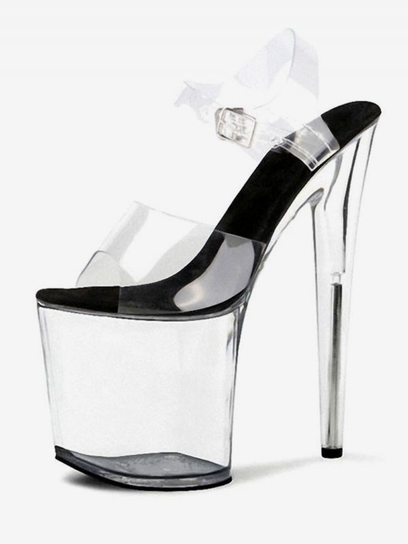 Pole Tanzschuhe Frauen Sexy Sandalen Weiß Pvc Oberen Offene Spitze Stiletto Absatz Sky High Heel Knöchel Strap Heels Stripper Schuhe - Schwarz