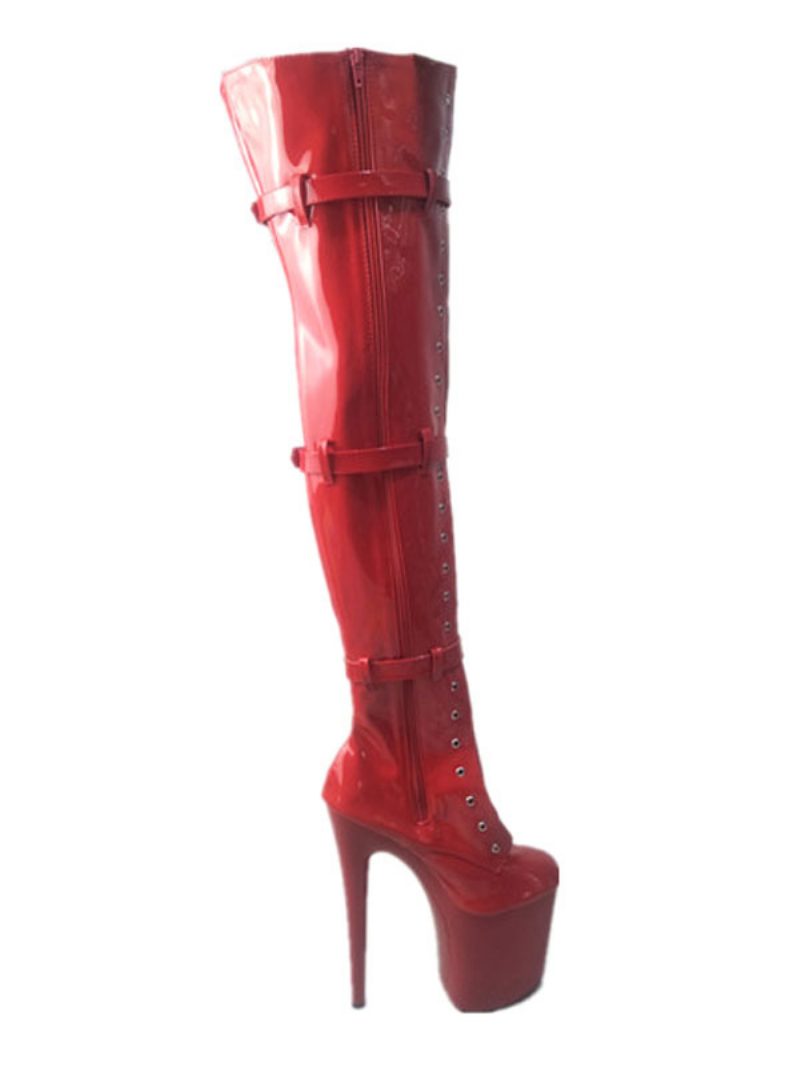 Pole Tanzschuhe Frauen Sexy Stiefel Runde Kappe Zipper Stiletto Ferse Rave Club Schwarz Oberschenkel Hohe Stripper Schuhe - Rot