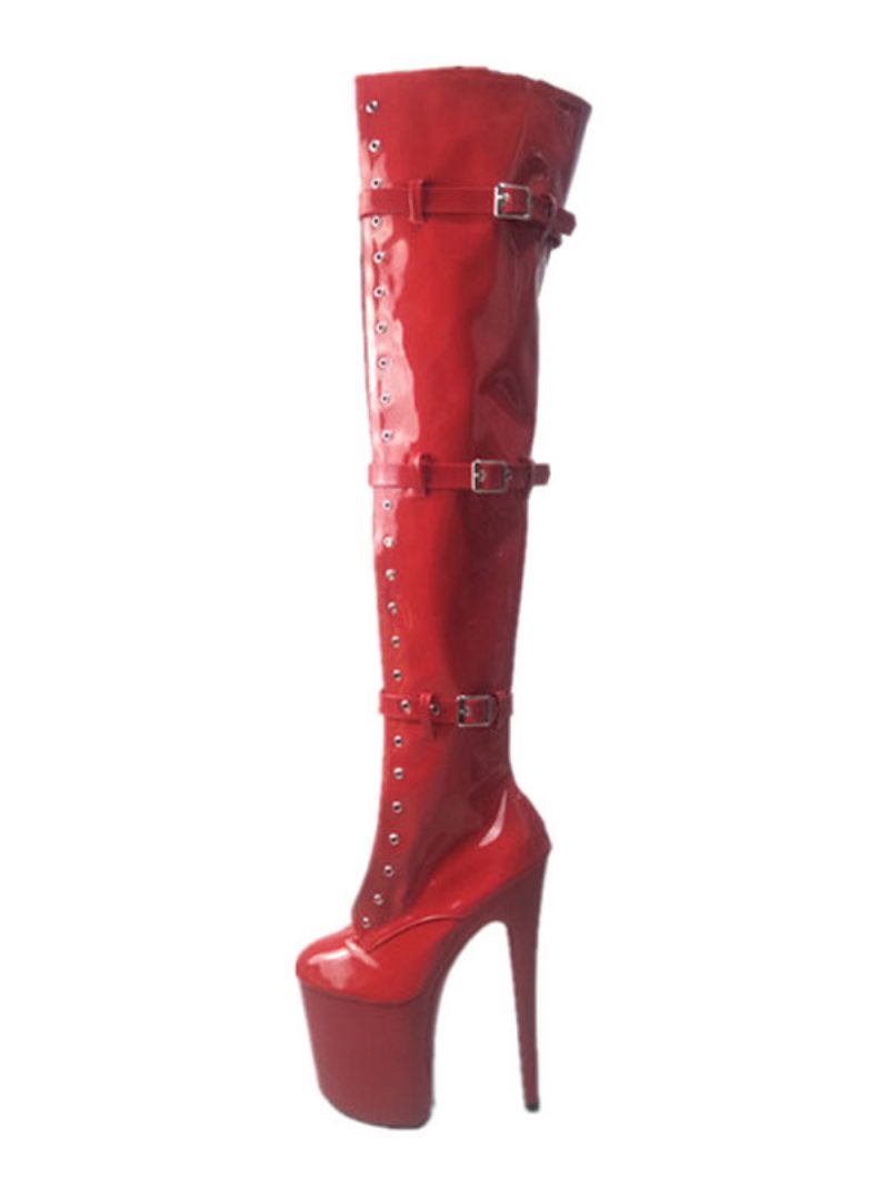 Pole Tanzschuhe Frauen Sexy Stiefel Runde Kappe Zipper Stiletto Ferse Rave Club Schwarz Oberschenkel Hohe Stripper Schuhe - Rot