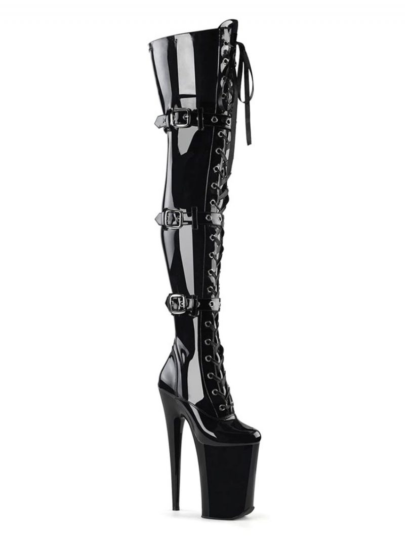 Pole Tanzschuhe Frauen Sexy Stiefel Runde Kappe Zipper Stiletto Ferse Rave Club Schwarz Oberschenkel Hohe Stripper Schuhe - Grau