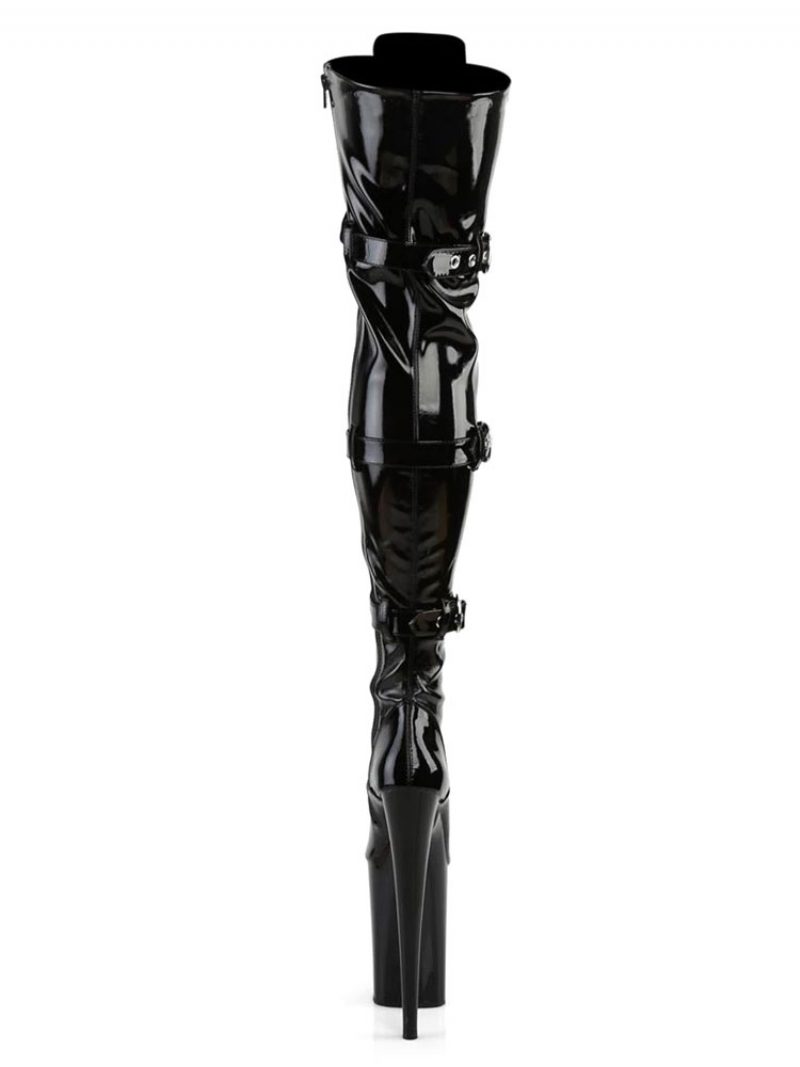 Pole Tanzschuhe Frauen Sexy Stiefel Runde Kappe Zipper Stiletto Ferse Rave Club Schwarz Oberschenkel Hohe Stripper Schuhe - Schwarz