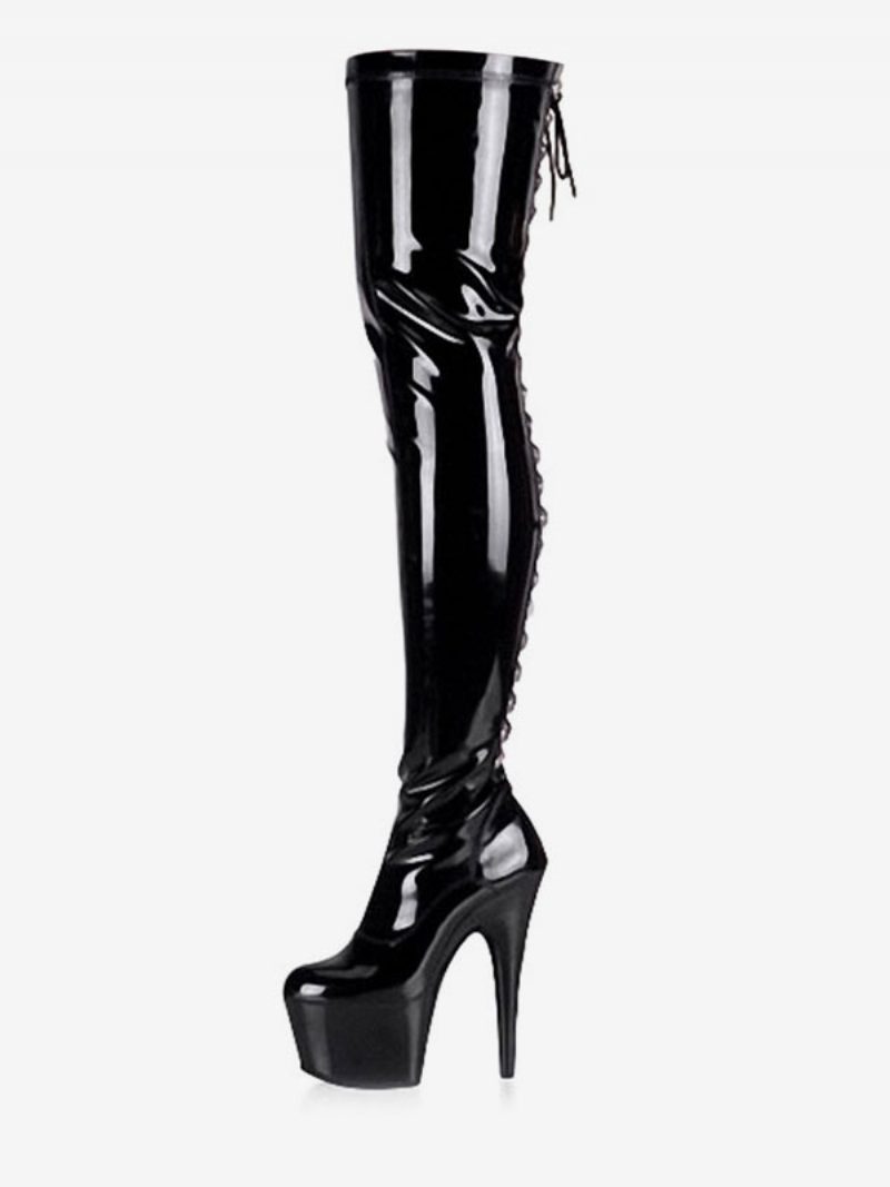 Pole Tanzschuhe Frauen Sexy Stiefel Schwarz Runde Kappe Spitze Up Stiletto Absatz Oberschenkel Hohe Overknee Stripper Schuhe