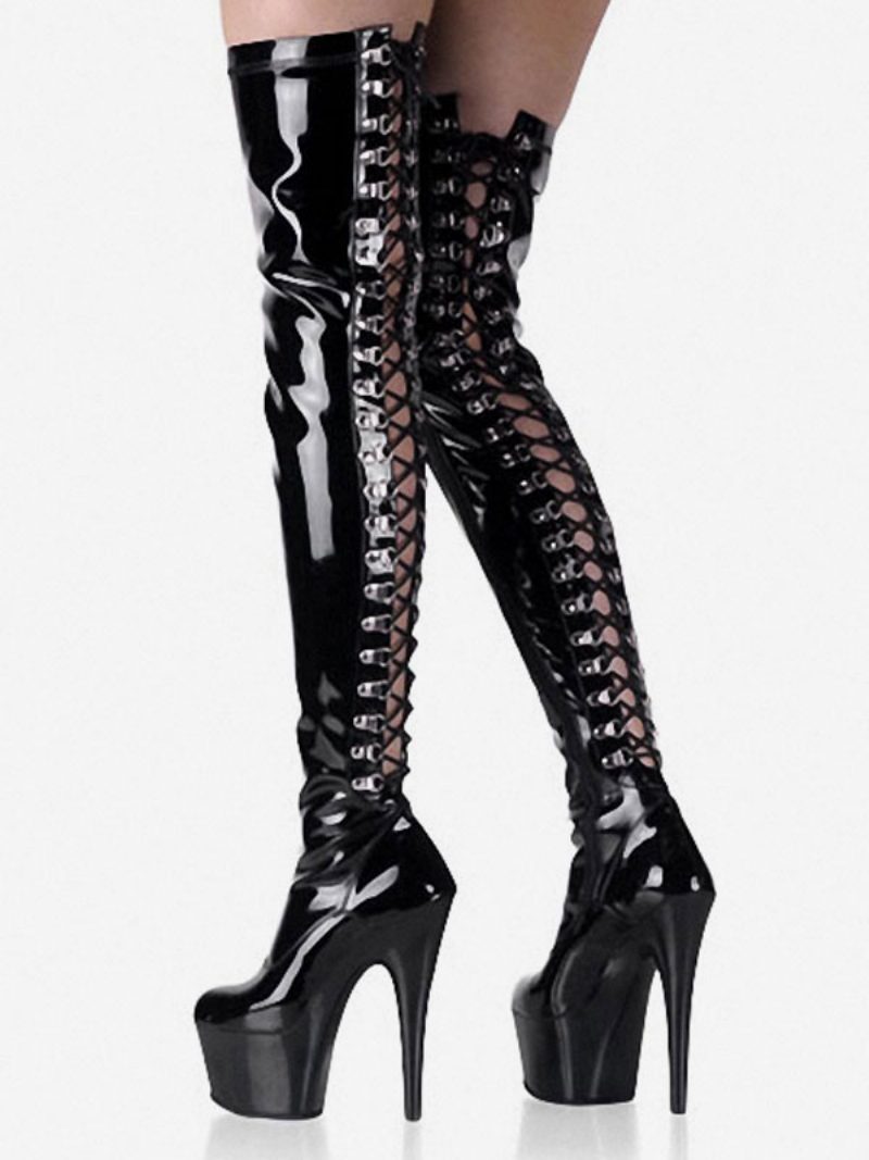 Pole Tanzschuhe Frauen Sexy Stiefel Schwarz Runde Kappe Spitze Up Stiletto Absatz Oberschenkel Hohe Overknee Stripper Schuhe - Schwarz