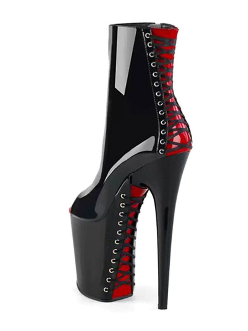 Pole Tanzschuhe Frauen Stiefeletten Pailletten Stoff Schwarz Reißverschluss Offene Spitze Hohe Plattform High Heel Stiefel - Schwarz