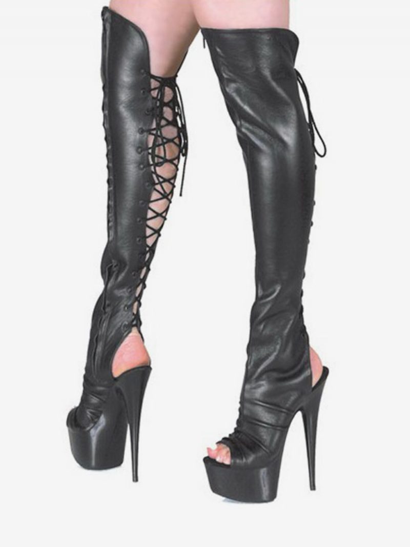 Pole Tanzschuhe Schwarz Offen 5 7/10 Inch High Heel 1 Plateau Matte Schnürung Damen Sexy Stiefel