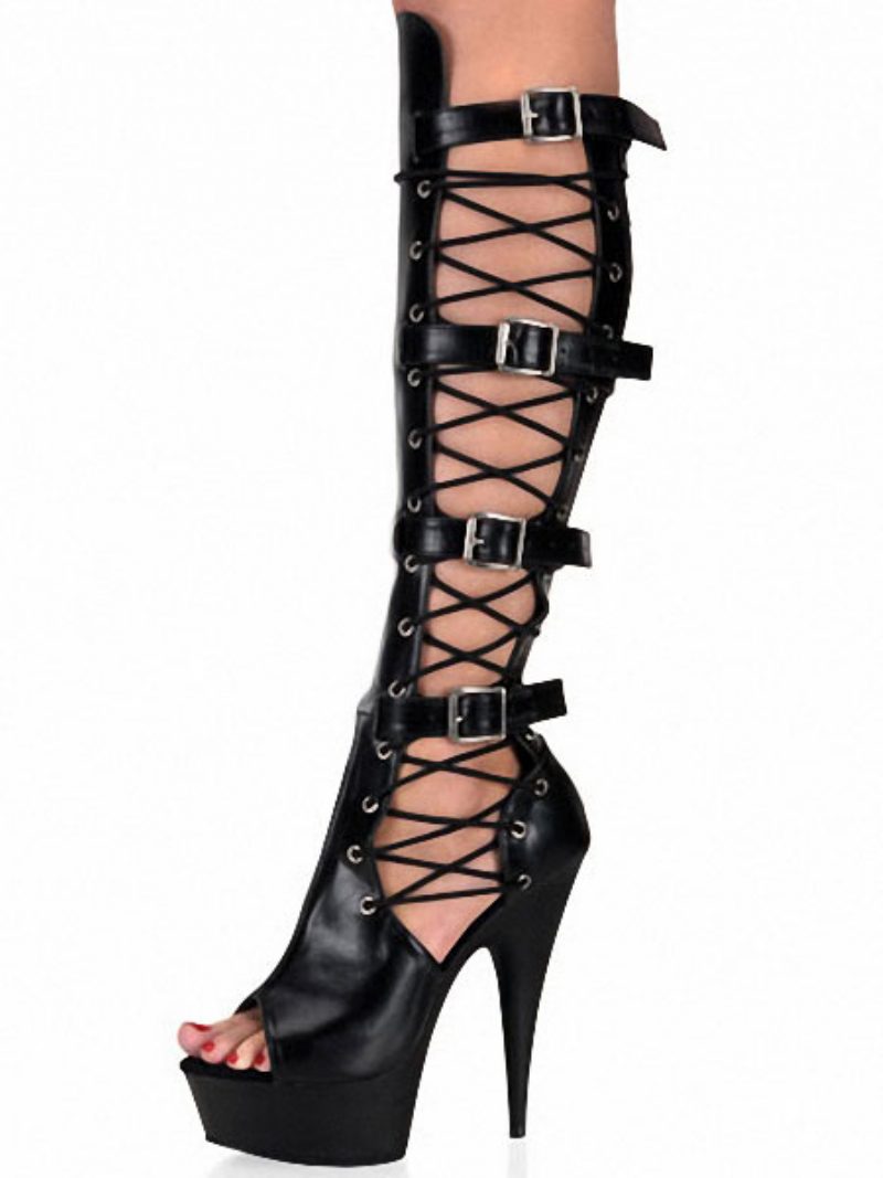 Pole Tanzschuhe Schwarz Sexy Stiefel Frauen Peep Toe Plattform Cut Out Schnalle Detail High Heel Stripper Schuhe