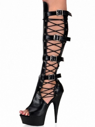 Pole Tanzschuhe Schwarz Sexy Stiefel Frauen Peep Toe Plattform Cut Out Schnalle Detail High Heel Stripper Schuhe