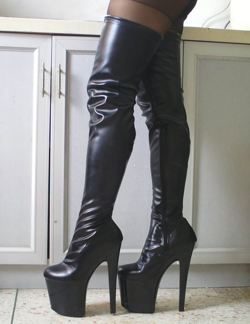 Pole Tanzschuhe Schwarz Sexy Stiefel Oberschenkel Hohe Frauen Plattform Mandel Zehen Stiletto Absatz Overknee - Schwarz