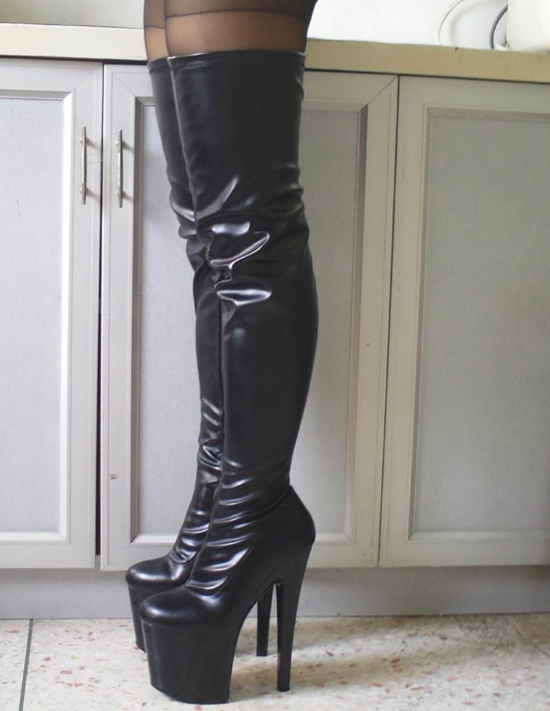 Pole Tanzschuhe Schwarz Sexy Stiefel Oberschenkel Hohe Frauen Plattform Mandel Zehen Stiletto Absatz Overknee - Schwarz