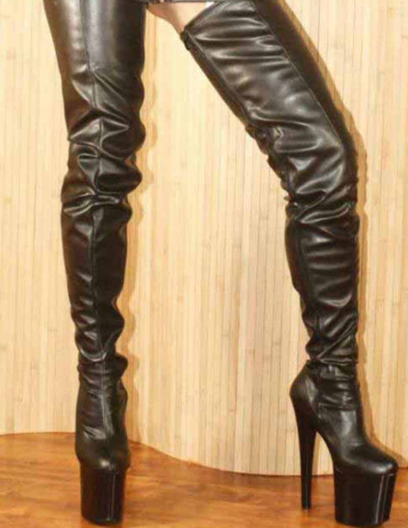 Pole Tanzschuhe Schwarz Sexy Stiefel Oberschenkel Hohe Frauen Plattform Mandel Zehen Stiletto Absatz Overknee - Schwarz