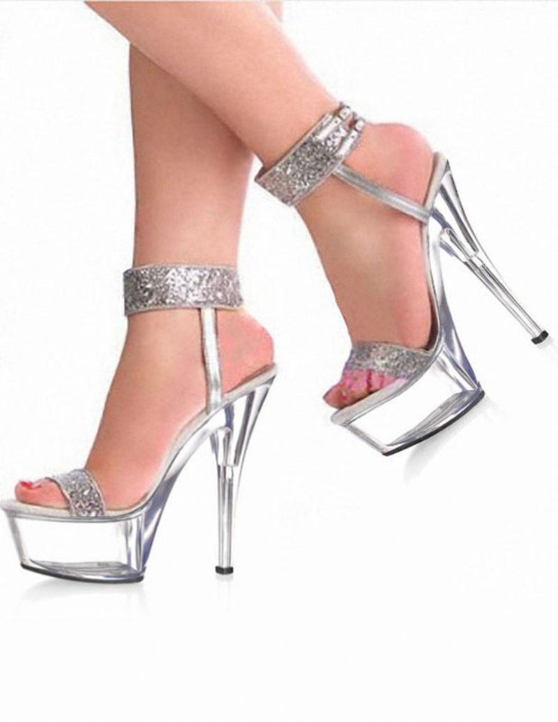 Pole Tanzschuhe Weihnachten Damen Knöchelriemen Sandalen Exotische Glitzer Pailletten Sexy Schuhe Stripper - Silber