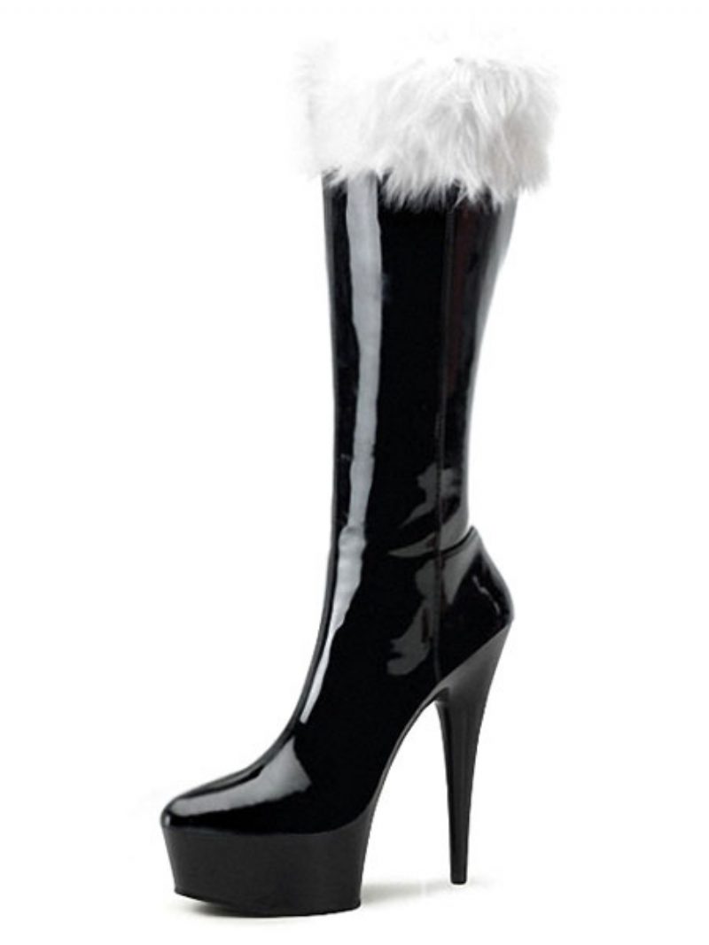 Rote Weihnachten Sexy Plateaustiefel Damen Pelzbesatz High Heel Stiefel Winterschuhe - Schwarz