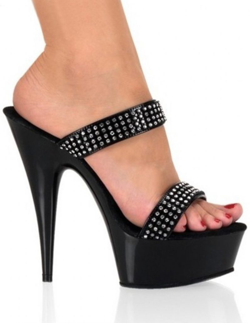 Schwarze Glitzer-strass-open-toe-leder-sexy-pantoletten Für Damen