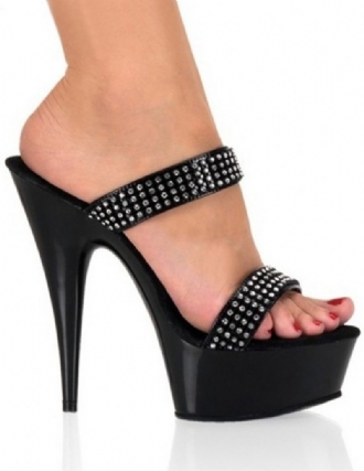 Schwarze Glitzer-strass-open-toe-leder-sexy-pantoletten Für Damen