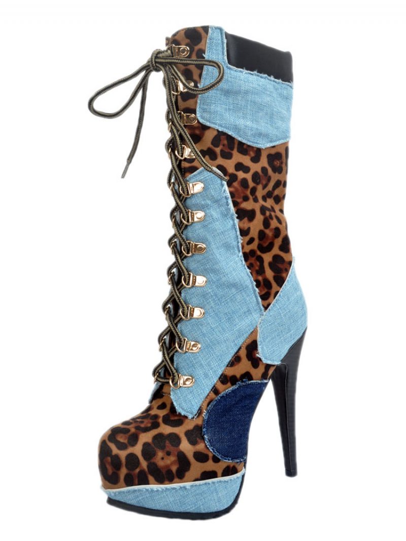 Schwarze Sexy Stiefel Für Damen Mit Plateau-schnürung Und Hohem Absatz Leopardenmuster - Blau