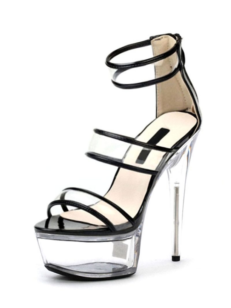 Sexy Damen-sandalen Für Damen Schwarzes Pu-leder Peep-toe-stiletto-absatz Knöchelriemen-absätze - Transparent