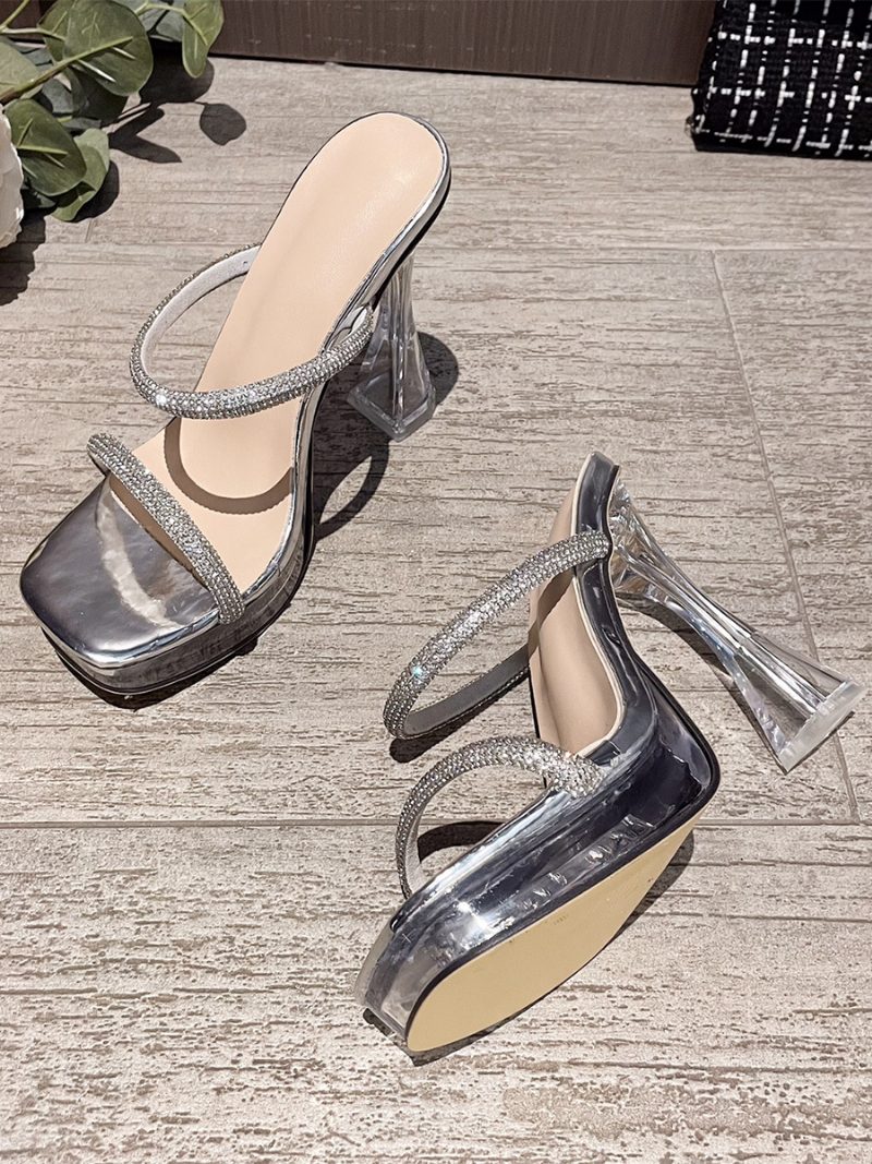 Sexy Damen-sandalen Mit Hohem Absatz Schwarzes Pu-leder Offene Zehen 3.1 cm Strasssteine 13 Schuhe - Silber