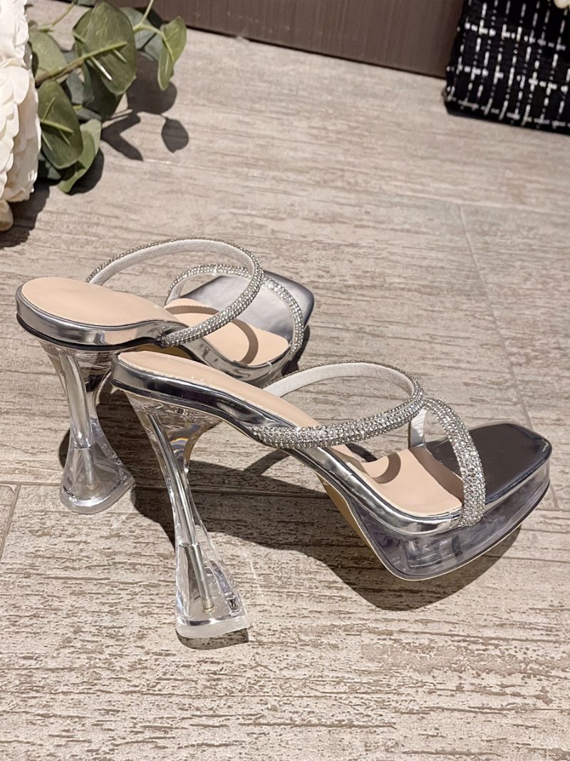 Sexy Damen-sandalen Mit Hohem Absatz Schwarzes Pu-leder Offene Zehen 3.1 cm Strasssteine 13 Schuhe - Silber