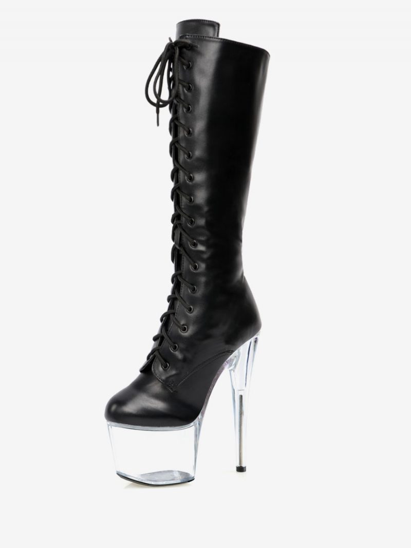 Sexy Damen-stiefel Mit Hohem Absatz Runder Zehenbereich Reißverschluss Geometrischer Stiletto-absatz Pole-dance Schwarze Oberschenkel-hohe Stiefel Overknee-stiefel - Transparent