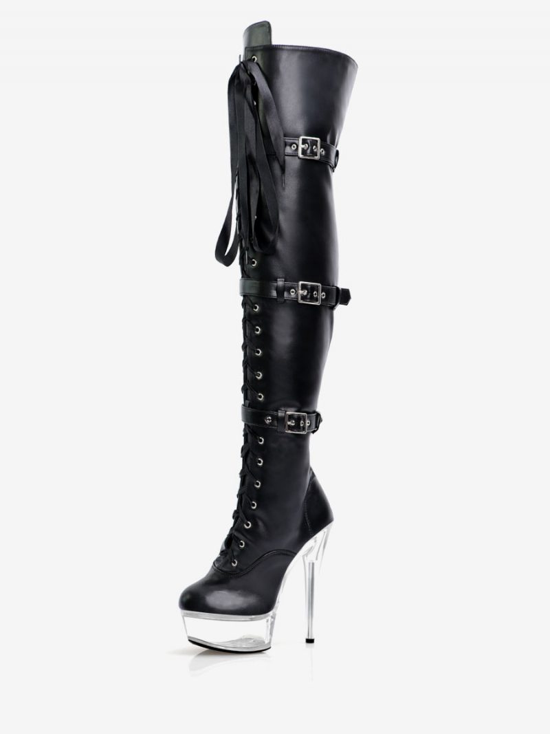 Sexy Damen-stiefel Mit Hohem Absatz Runder Zehenbereich Reißverschluss Geometrischer Stiletto-absatz Pole-dance Schwarze Oberschenkel-hohe Stiefel Overknee-stiefel - Transparent