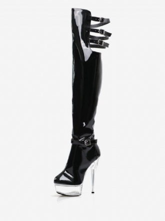 Sexy Damen-stiefel Mit Hohem Absatz Runder Zehenbereich Reißverschluss Geometrischer Stiletto-absatz Pole-dance Transparente Oberschenkelhohe Stiefel Overknee-stiefel