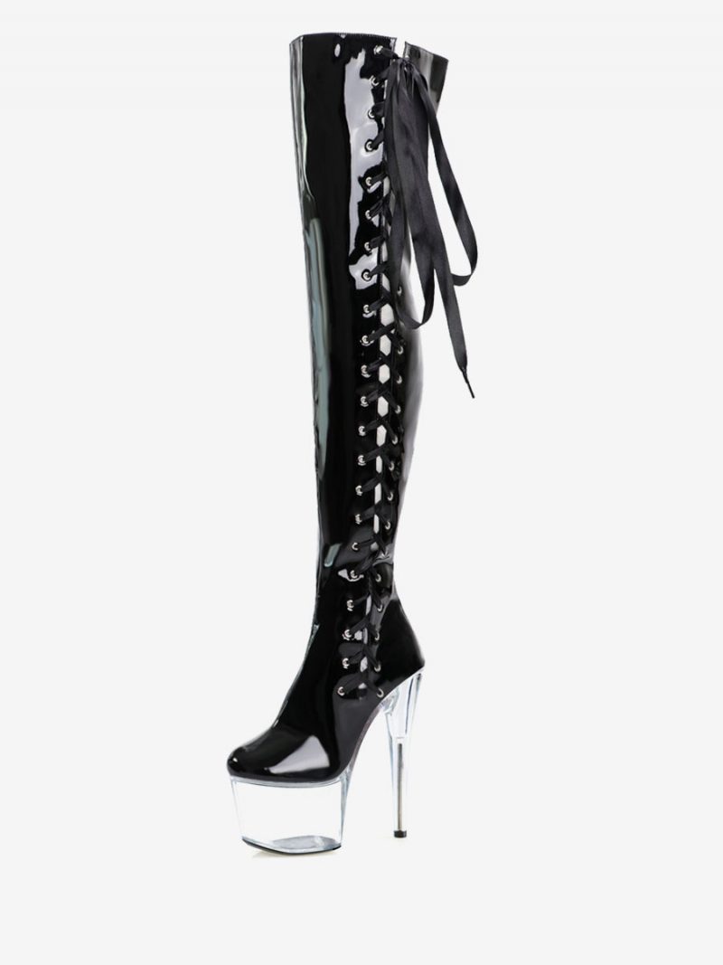 Sexy Damen-stiefel Mit Hohem Absatz Runder Zehenbereich Reißverschluss Geometrischer Stiletto-absatz Rave Club Transparente Oberschenkelhohe Stiefel Overknee-stiefel