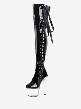 Sexy Damen-stiefel Mit Hohem Absatz Runder Zehenbereich Reißverschluss Geometrischer Stiletto-absatz Rave Club Transparente Oberschenkelhohe Stiefel Overknee-stiefel