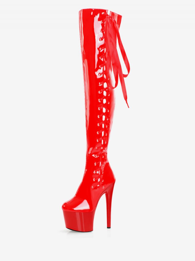 Sexy Damen-stiefel Mit Hohem Absatz Runder Zehenbereich Reißverschluss Geometrischer Stiletto-absatz Rave Club Transparente Oberschenkelhohe Stiefel Overknee-stiefel - Rot