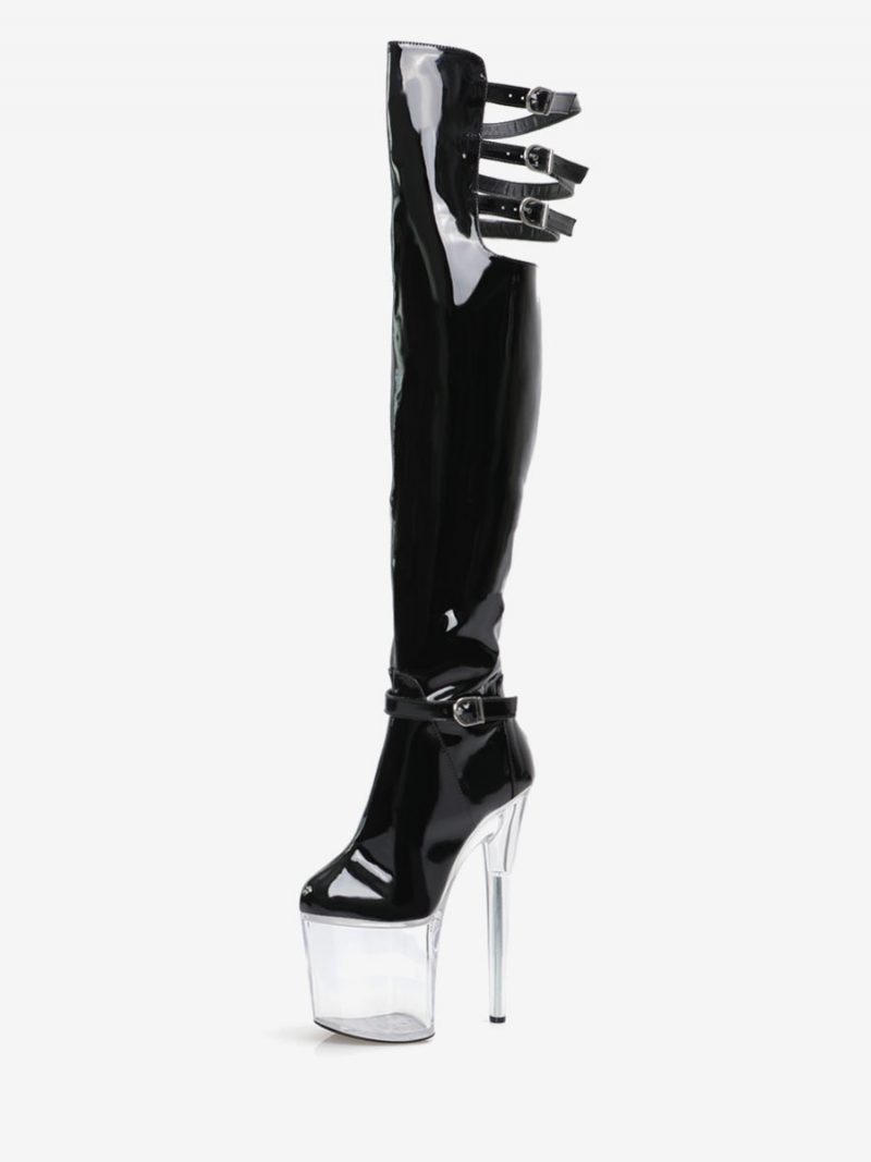 Sexy Damen-stiefel Mit Hohem Absatz Runder Zehenbereich Reißverschluss Geometrischer Stiletto-absatz Rave Club Transparente Oberschenkelhohe Stiefel Overknee-stiefel