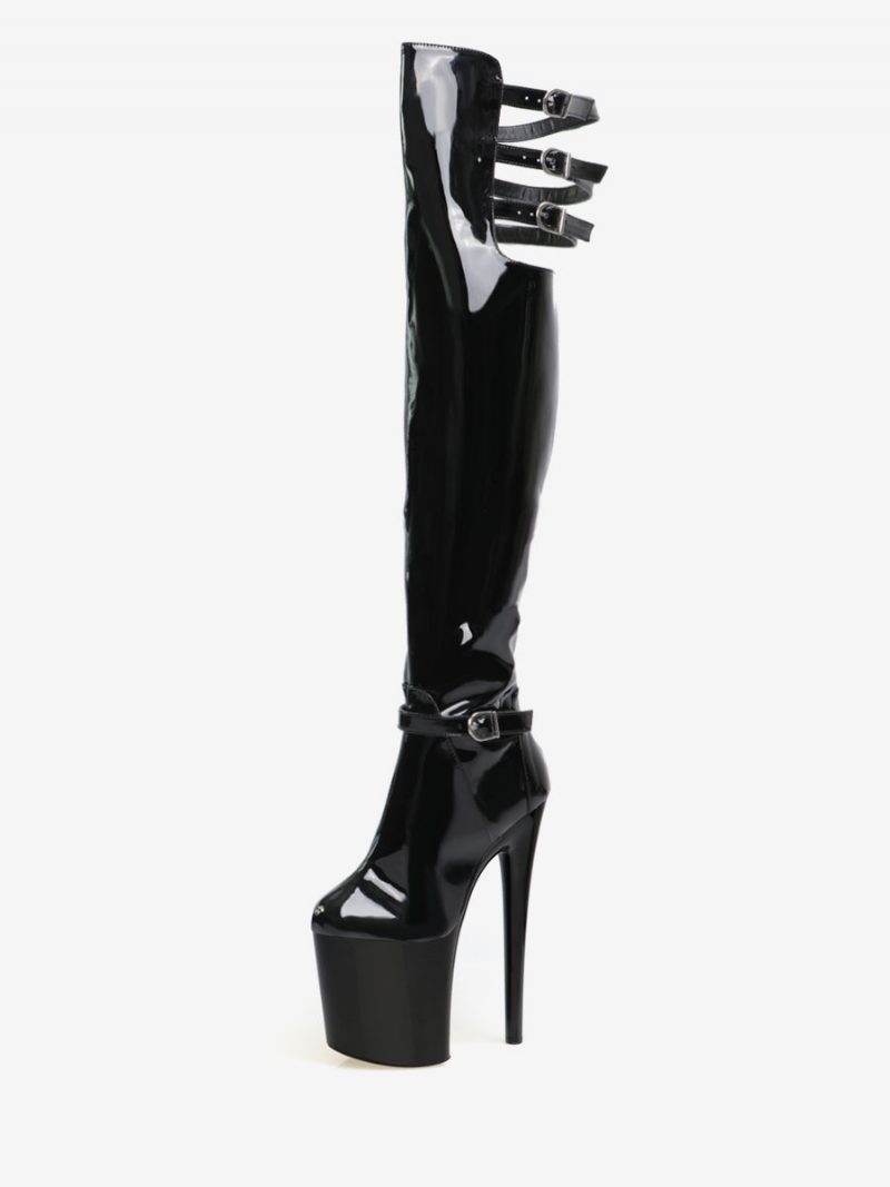 Sexy Damen-stiefel Mit Hohem Absatz Runder Zehenbereich Reißverschluss Geometrischer Stiletto-absatz Rave Club Transparente Oberschenkelhohe Stiefel Overknee-stiefel - Schwarz