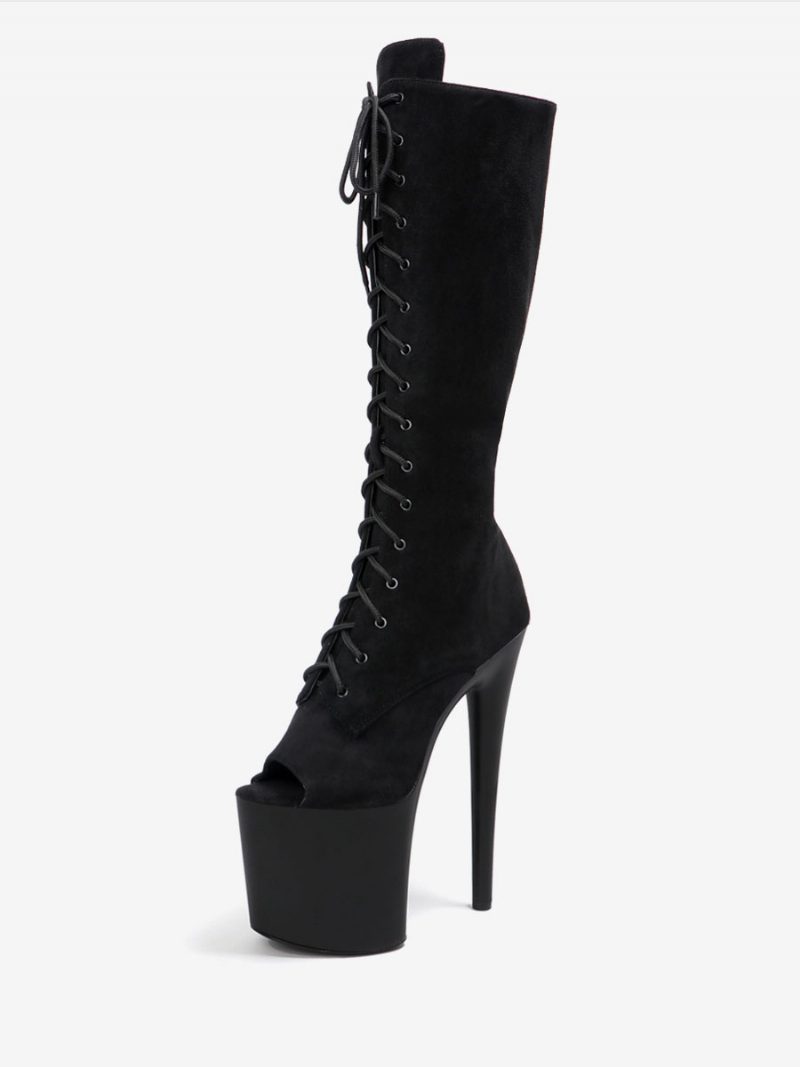 Sexy Damenstiefel Mit Runder Spitze Und Reißverschluss Geometrischer Stiletto-absatz Pole Dance Schwarze Oberschenkelhohe Stiefel Overknee-stiefel