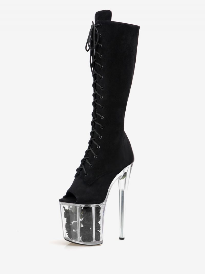 Sexy Damenstiefel Mit Runder Spitze Und Reißverschluss Geometrischer Stiletto-absatz Pole Dance Schwarze Oberschenkelhohe Stiefel Overknee-stiefel - Tiefgrau