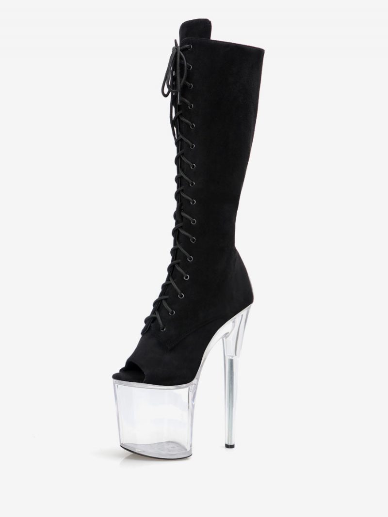 Sexy Damenstiefel Mit Runder Spitze Und Reißverschluss Geometrischer Stiletto-absatz Pole Dance Schwarze Oberschenkelhohe Stiefel Overknee-stiefel - Transparent