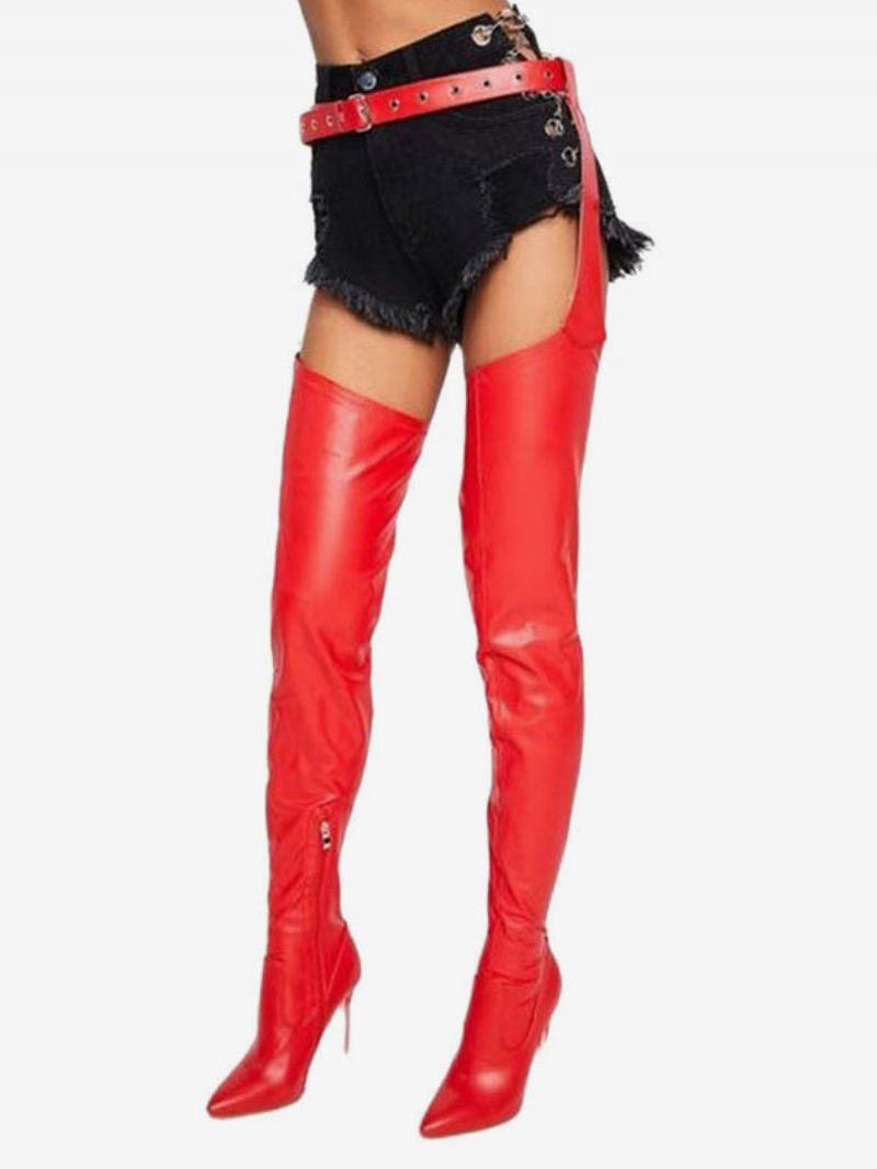 Sexy Damenstiefel Mit Spitzer Zehenpartie Slip-on-schnalle Stiletto-absatz Overknee-stiefel Schwarz - Rot