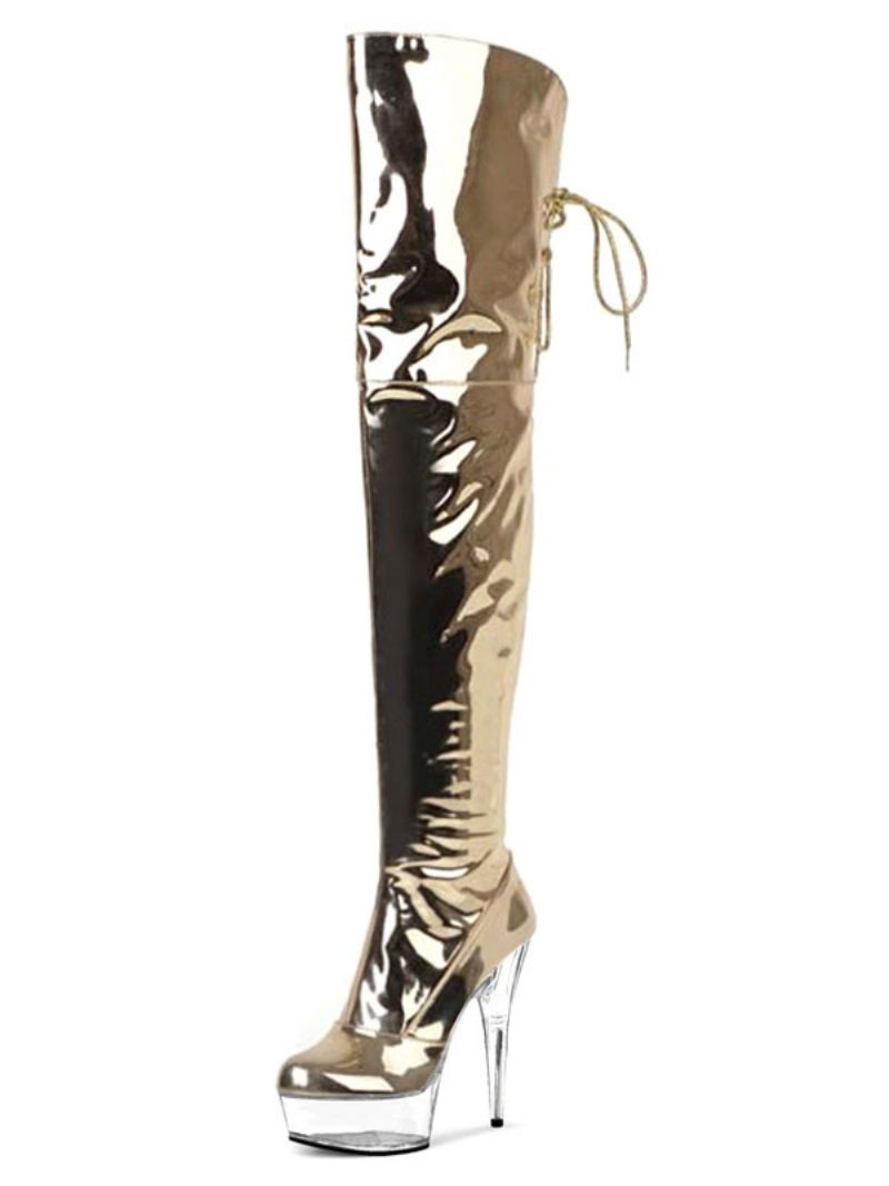 Sexy Damenstiefel Offener Zehenbereich Reißverschluss Pailletten Stiletto-absatz Rave Club Silberne Oberschenkelhohe Stiefel Overknee-stiefel - Gold