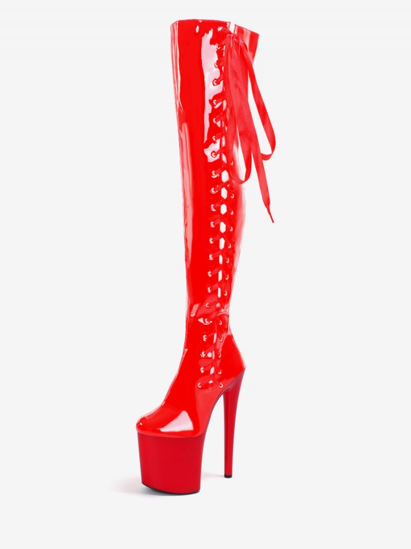 Sexy Damenstiefel Runde Zehen Reißverschluss Geometrischer Stiletto-absatz Pole Dance Rote Oberschenkelhohe Stiefel Overknee-stiefel