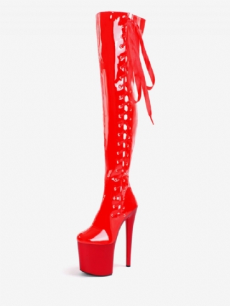 Sexy Damenstiefel Runde Zehen Reißverschluss Geometrischer Stiletto-absatz Pole Dance Rote Oberschenkelhohe Stiefel Overknee-stiefel