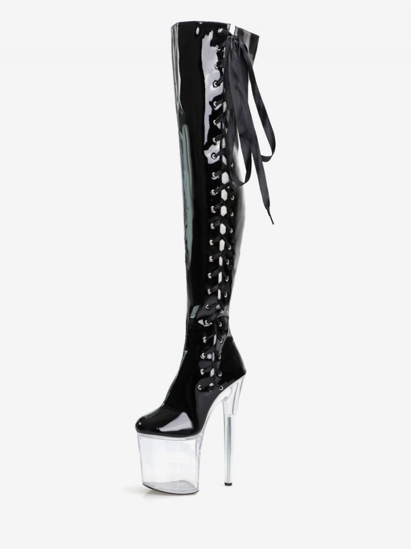 Sexy Damenstiefel Runde Zehen Reißverschluss Geometrischer Stiletto-absatz Pole Dance Rote Oberschenkelhohe Stiefel Overknee-stiefel - Transparent