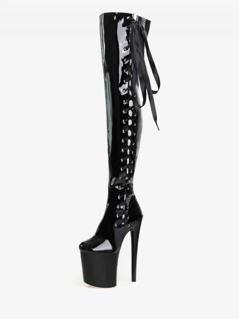 Sexy Damenstiefel Runde Zehen Reißverschluss Geometrischer Stiletto-absatz Pole Dance Rote Oberschenkelhohe Stiefel Overknee-stiefel - Schwarz