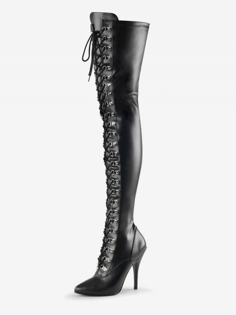 Sexy Damenstiefel Spitze Zehen Reißverschluss Pailletten Stiletto-absatz Rave Club Schwarz Silber Oberschenkelhohe Stiefel