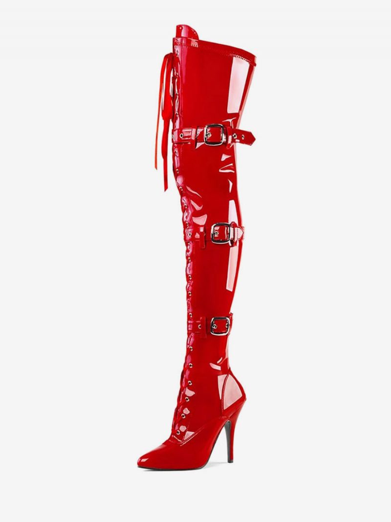 Sexy Damenstiefel Spitze Zehen Reißverschluss Pailletten Stiletto-absatz Rave Club Schwarz Silber Oberschenkelhohe Stiefel - Rot